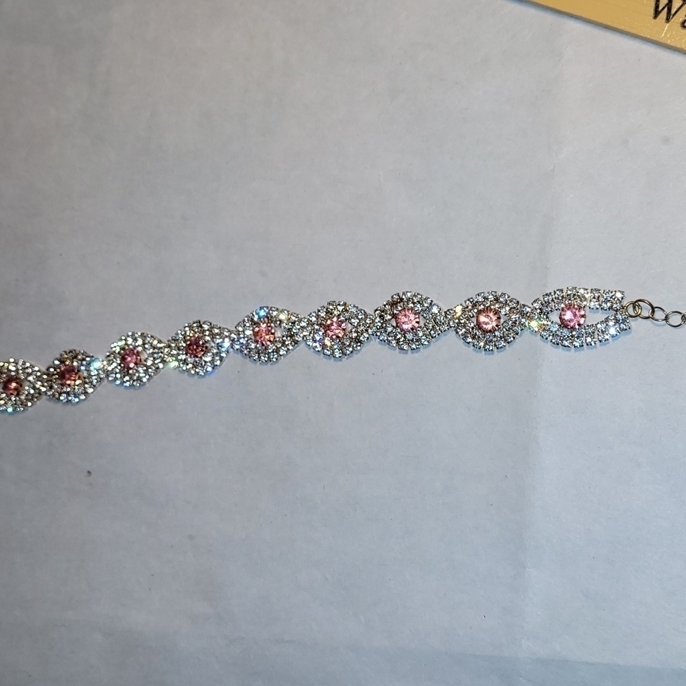 Gold-tone Bracelet with Clear and Pink Rhinestones